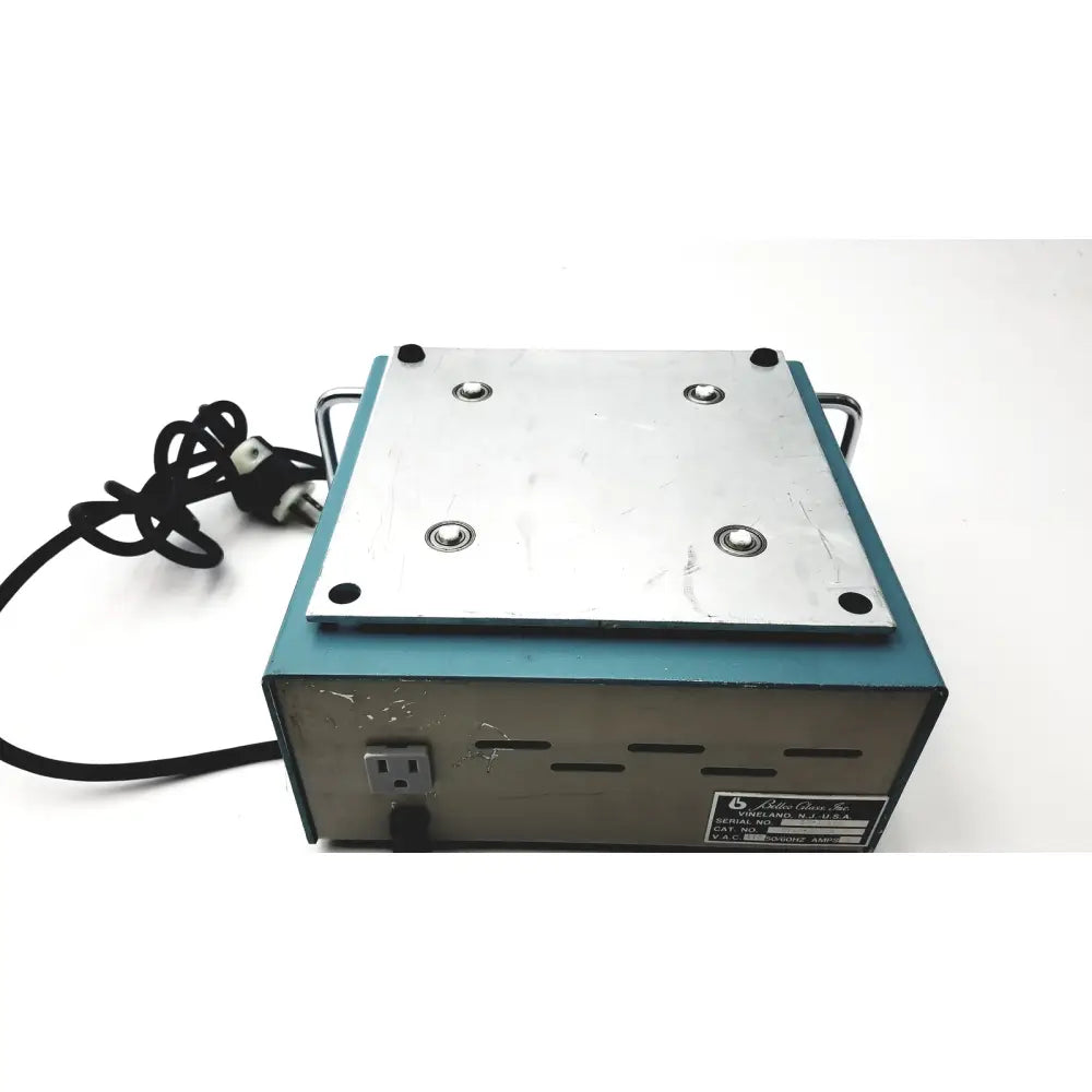 Teal and silver industrial heating plate with metal construction and four mounting screws for bellco orbital shaker 7744-02020 as-is
