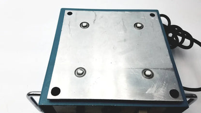 Blue-framed industrial metal bellco orbital shaker with four adjustment knobs and coiled black power cord as is