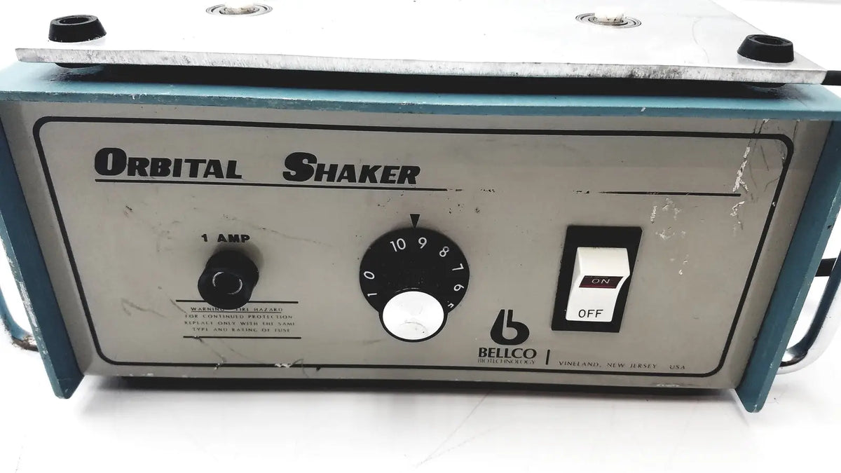 Bellco orbital shaker 7744-02020 as-is with teal frame silver control panel black dials on off switch and visible wear