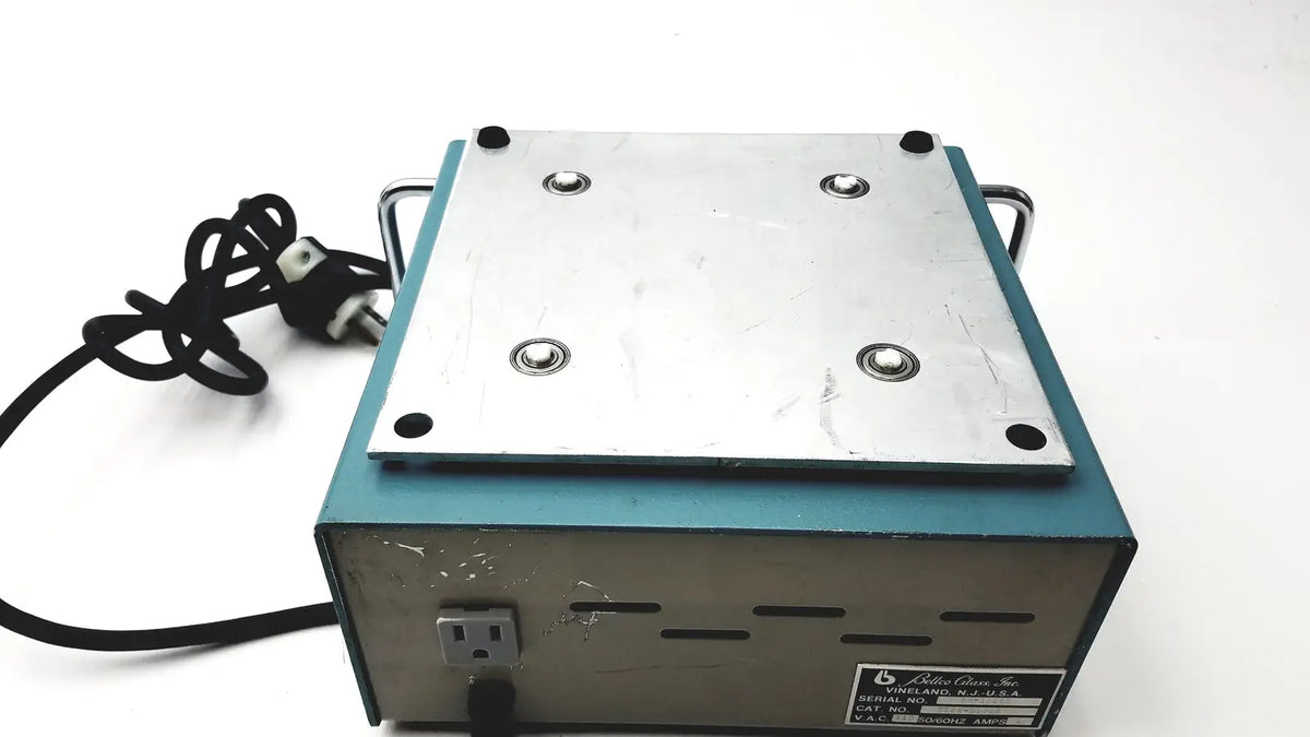 Teal and silver industrial heating plate with metal construction and four mounting screws for bellco orbital shaker 7744-02020 as-is