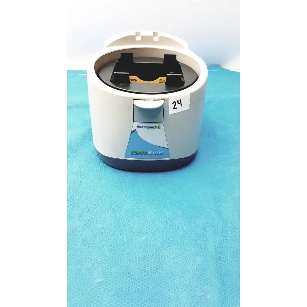 White and gray benchmark platefuge c2000 microplate microcentrifuge with black rotor inside for laboratory use