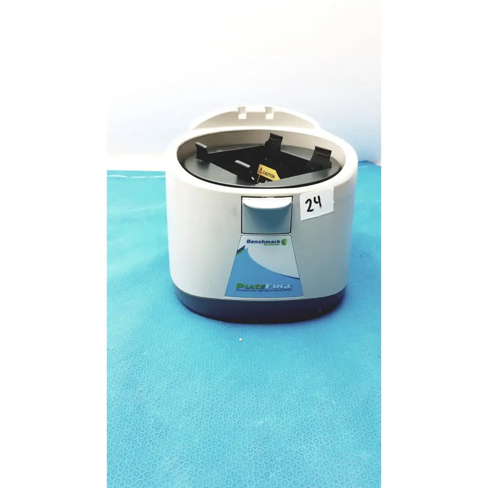 White and gray benchmark platefuge c2000 microplate microcentrifuge with black rotor compartment for laboratory use