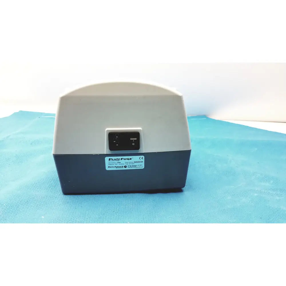 Gray and black benchmark platefuge c2000 microplate microcentrifuge with rectangular front power input panel