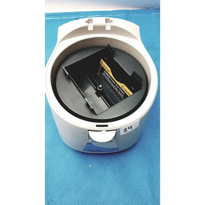 White plastic benchmark platefuge c2000 microplate microcentrifuge with black rotor and yellow warning label inside