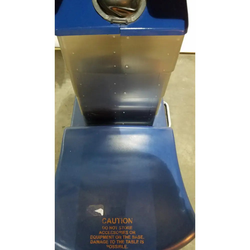 Blue and metallic industrial-style hair washing station with circular basin on top for berchtold d850 operon surgical table