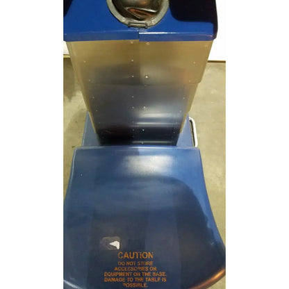 Blue and metallic industrial-style hair washing station with circular basin on top for berchtold d850 operon surgical table