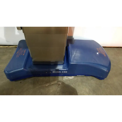 Blue plastic base of a berchtold d850 operon d850 operon surgical table for medical use