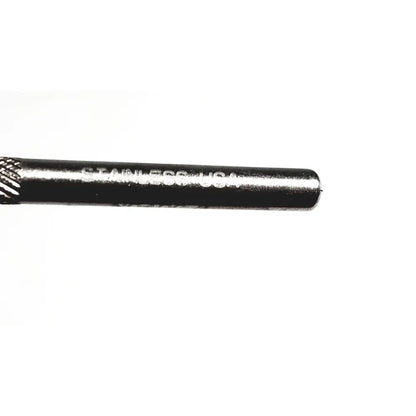 Black stainless steel drill bit with textured grip and engraved stainless usa branding for billeau flexible ear loop size 1