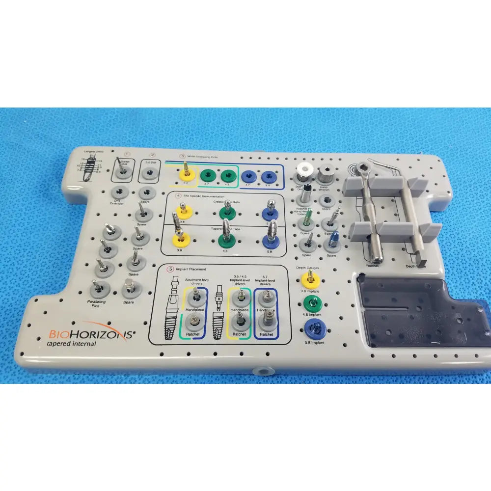 Gray plastic bio horizons tapered internal dental implant surgical kit with color-coded internal dental components and labels
