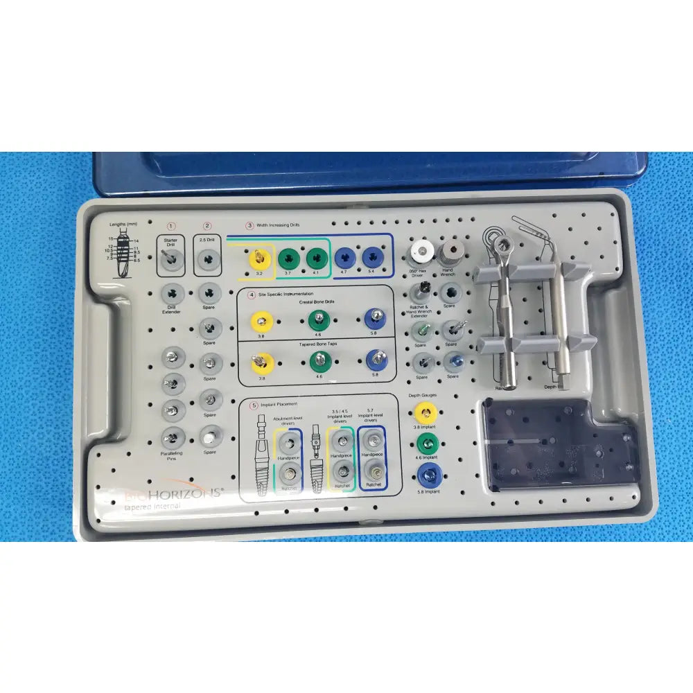 Gray plastic surgical tray with organized color-coded drill bits and titanium instruments from Bio Horizons tapered internal dental kit