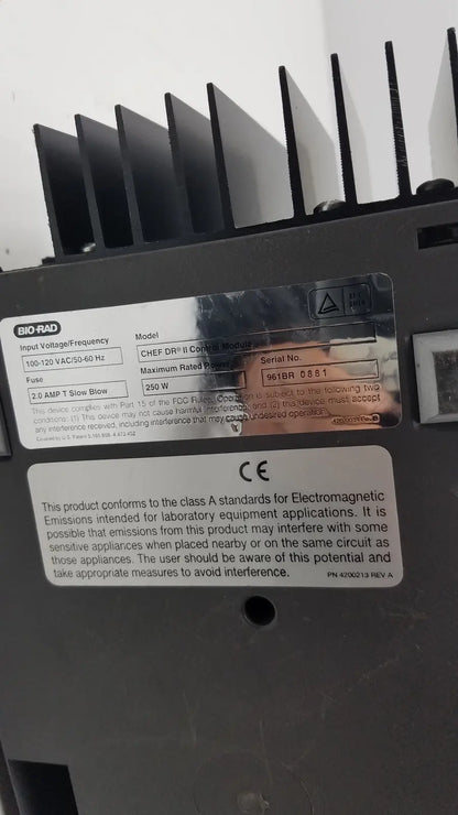 Black bio-rad chef-dr ii control module with metallic label showing technical specs and serial no 961br g-cir-r7-17k