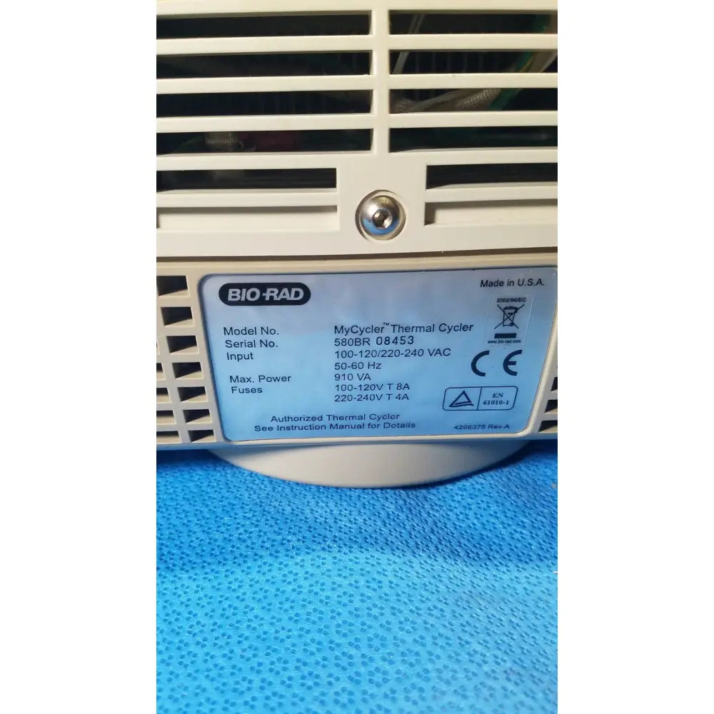 White bio-rad mycycler thermal cycler displaying model number and technical specifications for precise DNA amplification