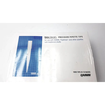 A white box of bioclean precision pipette tips 1000ul with blue grid illustration for rainin precision pipettes