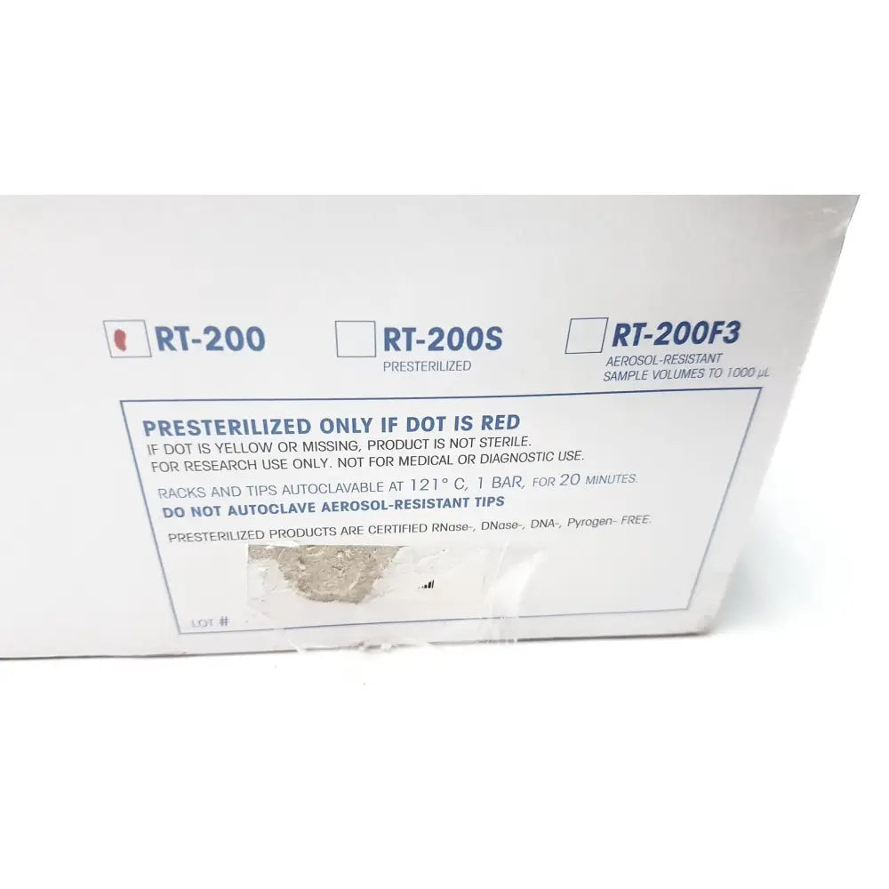 White cardboard box labeled rt-200 series containing bioclean precision pipette tips 1000ul with 1000 sterile tips in 10 racks