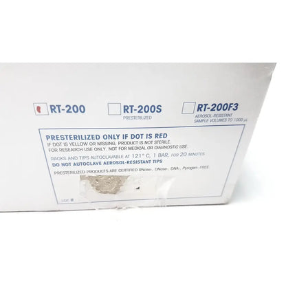 White cardboard box labeled rt-200 series containing bioclean precision pipette tips 1000ul with 1000 sterile tips in 10 racks