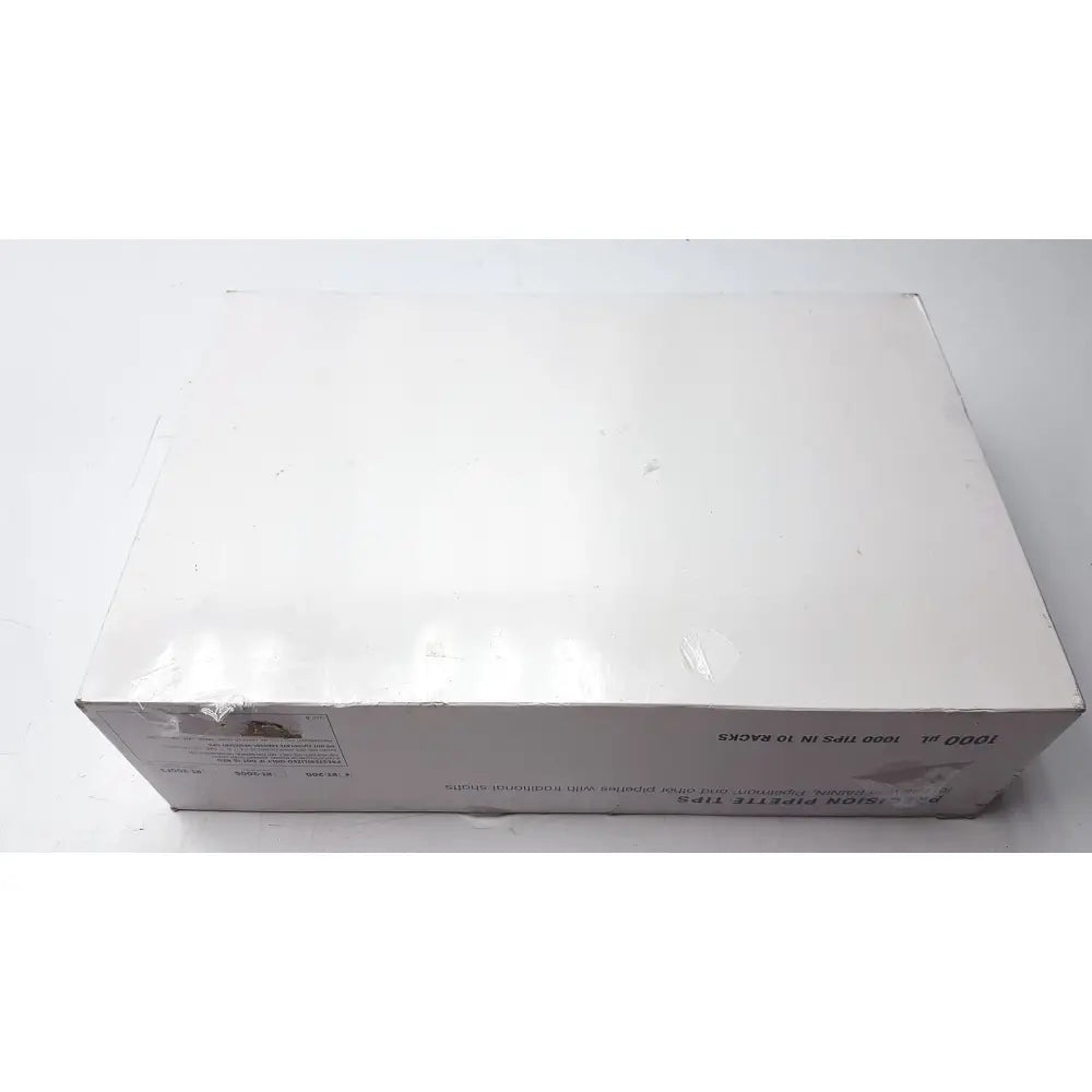 White cardboard box with bioclean precision pipette tips 1000ul in clear plastic wrap containing 1000 tips in 10 racks