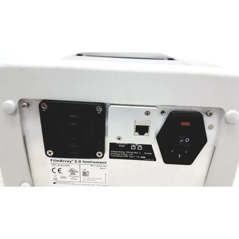 White BioFire Diagnostics FilmArray 2.0 PCR system back panel showing black power and ethernet ports for multiplex testing