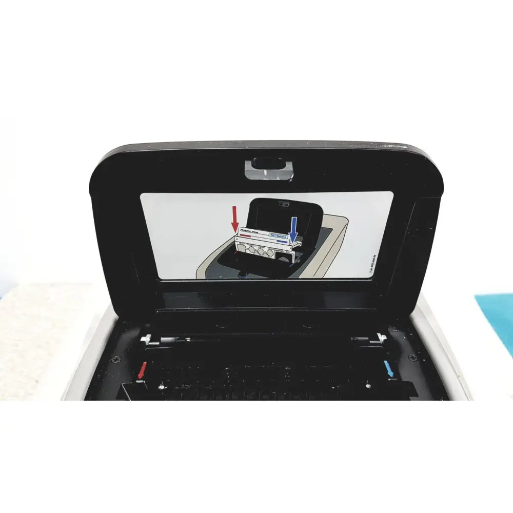 Black hp printer with open lid showing internal components and diagnostics filmarray diagram on screen for biofire diagnostics filmarray 2.0 system