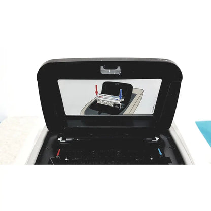 Black hp printer with open lid showing internal components and diagnostics filmarray diagram on screen for biofire diagnostics filmarray 2.0 system