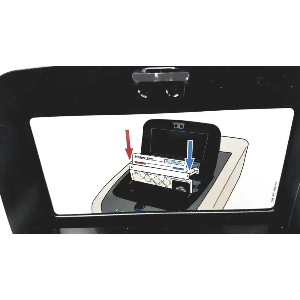 Black plastic biofire diagnostics filmarray 2.0 PCR system with screen showing printer paper tray and control panel diagram
