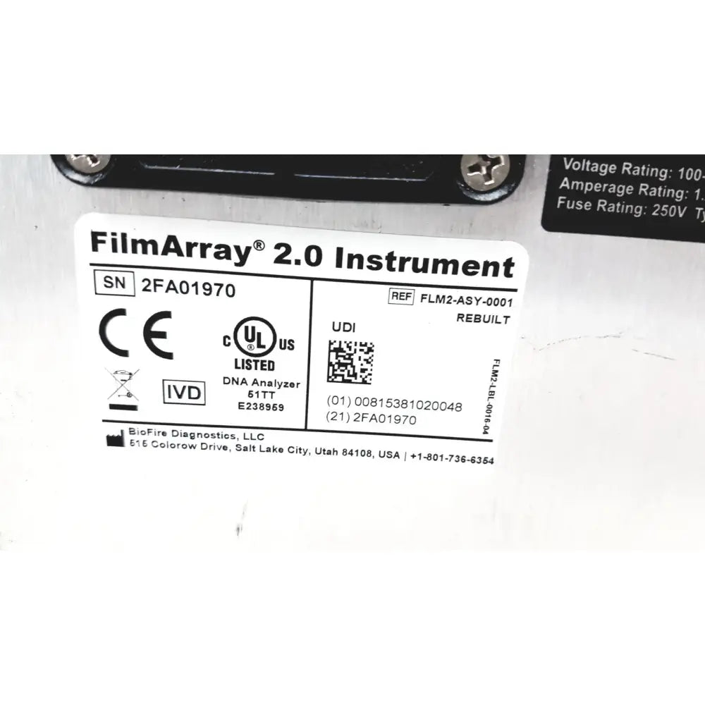 White label on the back of biofire diagnostics filmarray 2.0 multiplex pcr testing platform with certifications and manufacturer details