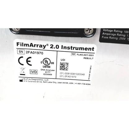 White label on the back of biofire diagnostics filmarray 2.0 multiplex pcr testing platform with certifications and manufacturer details