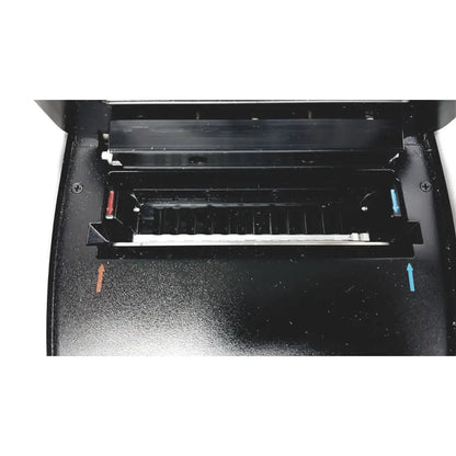Black thermal printer with open compartment showing print head and paper feed in biofire diagnostics filmarray 2.0 system