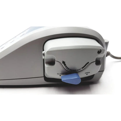 Gray plastic card reader with blue lever and open close labels for biomet 3i osseocision ne111 advanced surgical system