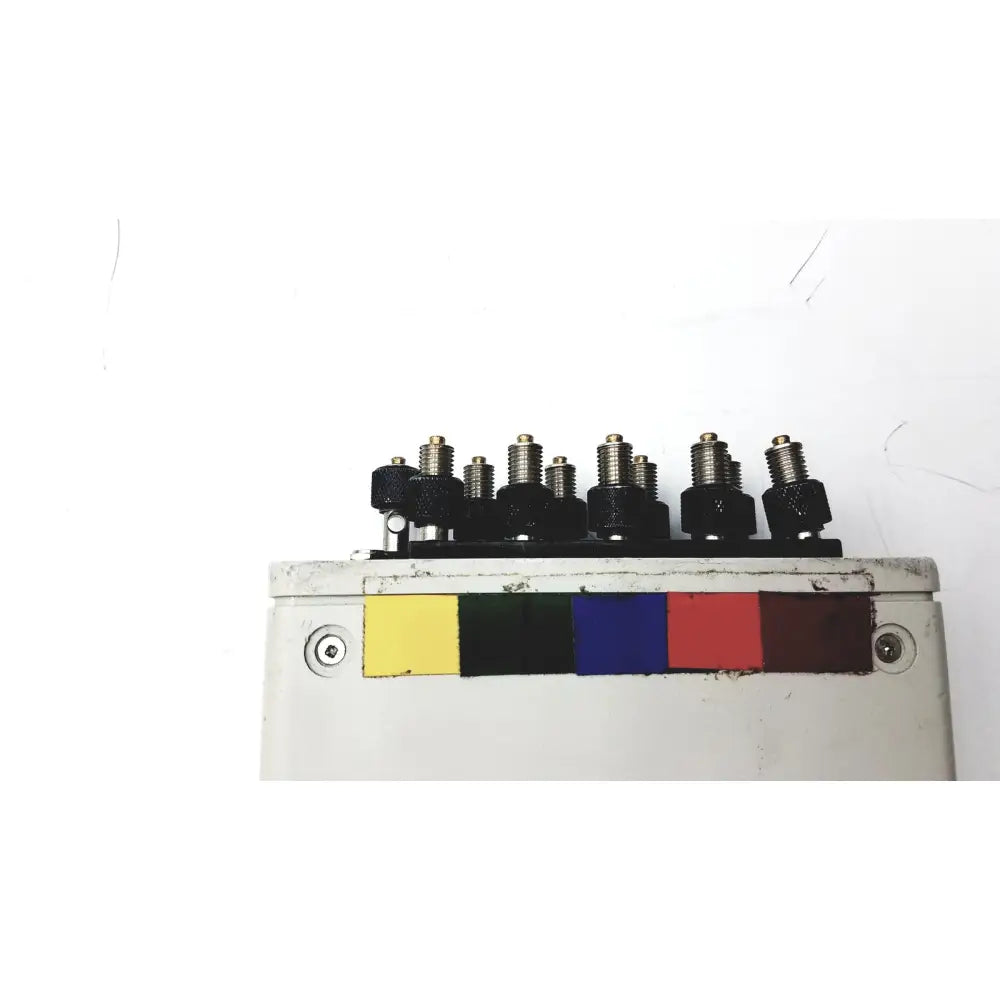 White industrial control box with six black knobs and color-coded panel for biotek lionheart multiparameter simulator untested