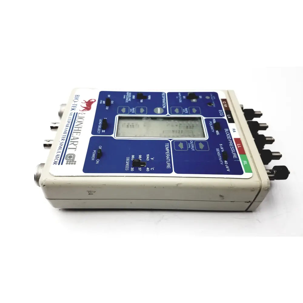 Beige and blue biotek lionheart multiparameter simulator with digital display knobs and ports for blood pressure and temperature settings
