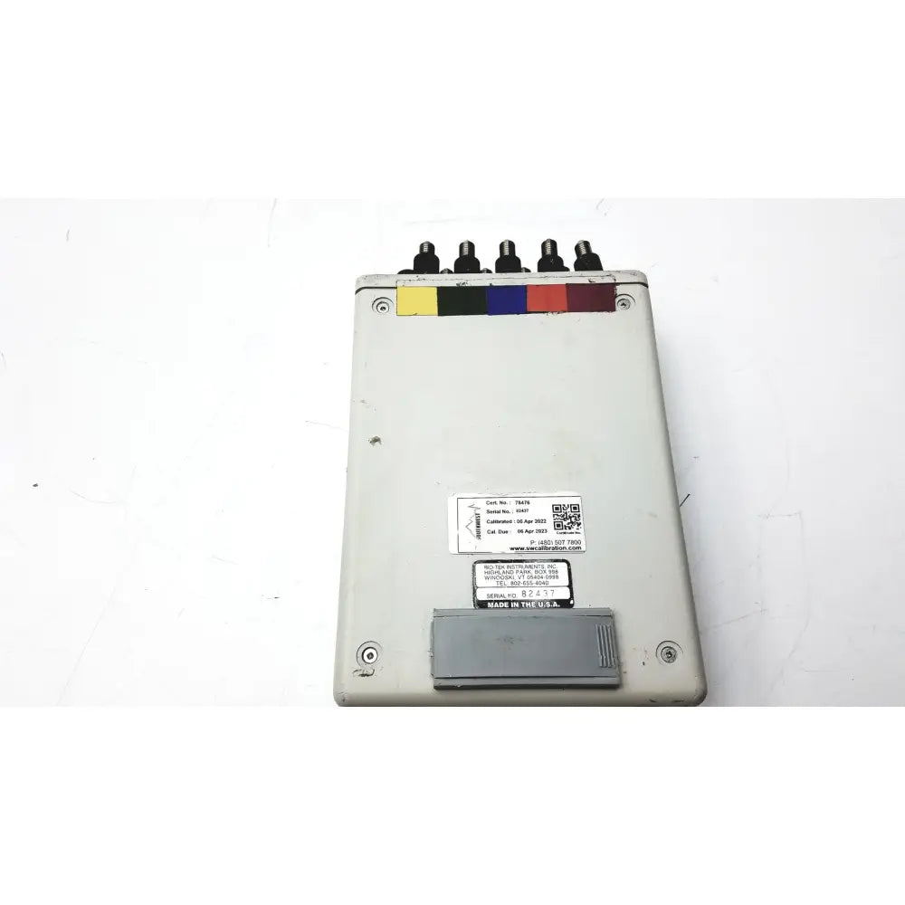 Gray metallic biotek lionheart multiparameter simulator with five black connectors and colored tabs on top untested