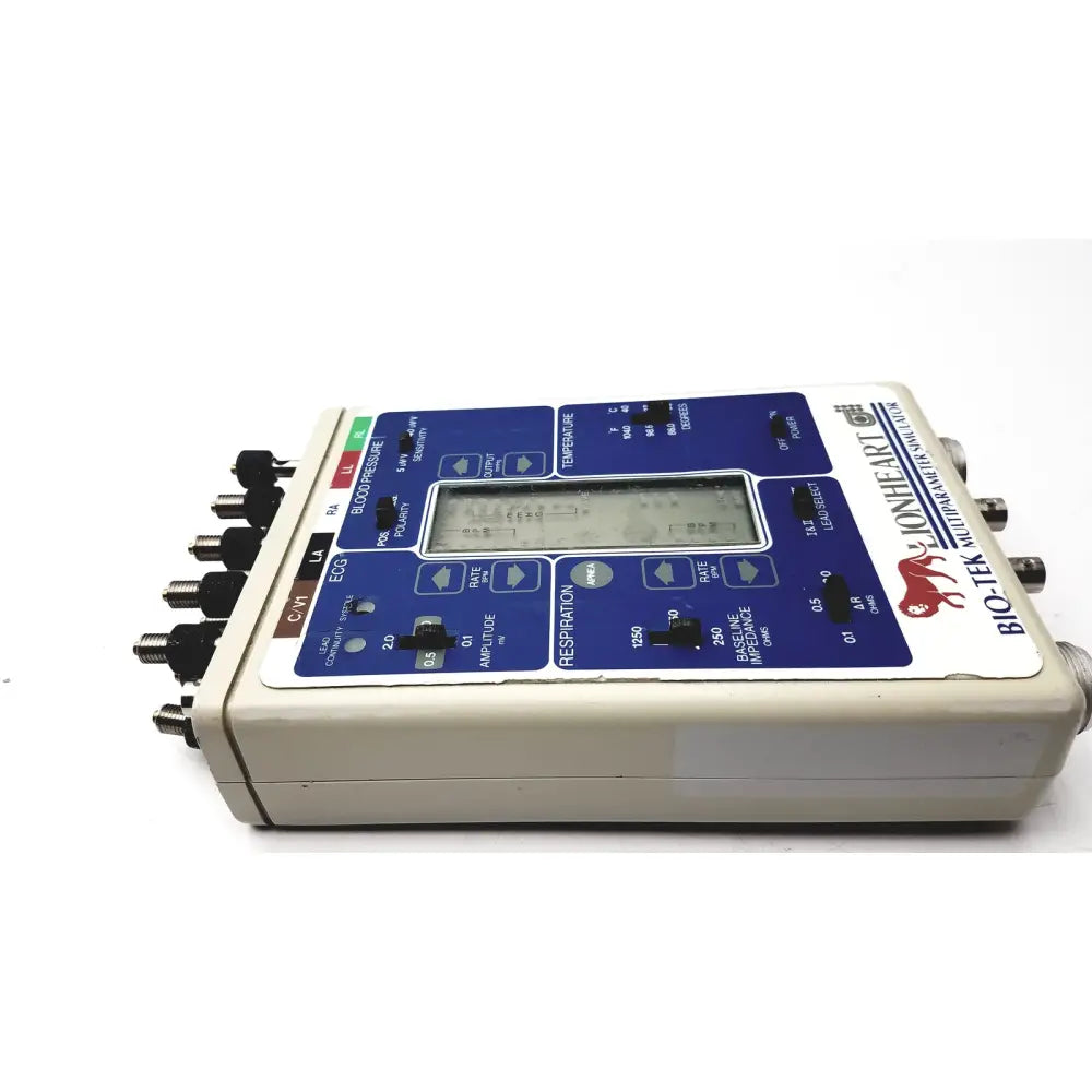 Beige rectangular biotek lionheart multiparameter simulator with blue control panel featuring knobs and digital display untested