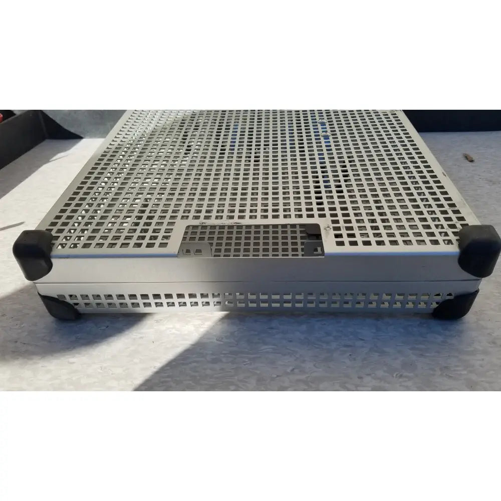 Silver perforated metal server rack with black rubberized corner protectors for summit medical ua2438 instrument tray