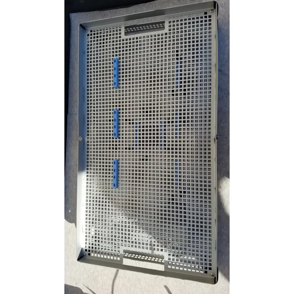 Gray metal mesh sterilization tray with blue handles for summit medical ua2438 instrument protection and sterilization