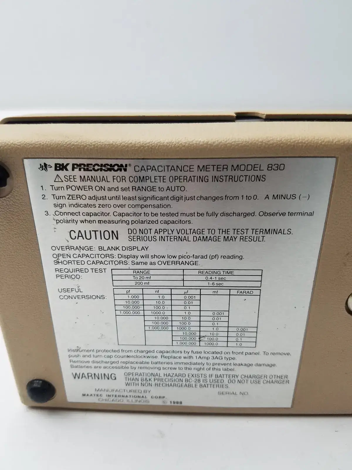 BK Precision Autoranging Capacitance Meter 830 Capacitance Meter, second-hand product photo 9