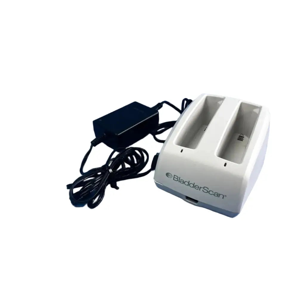 White plastic bladderscan battery charger with two battery slots and black power adapter connected by coiled cord