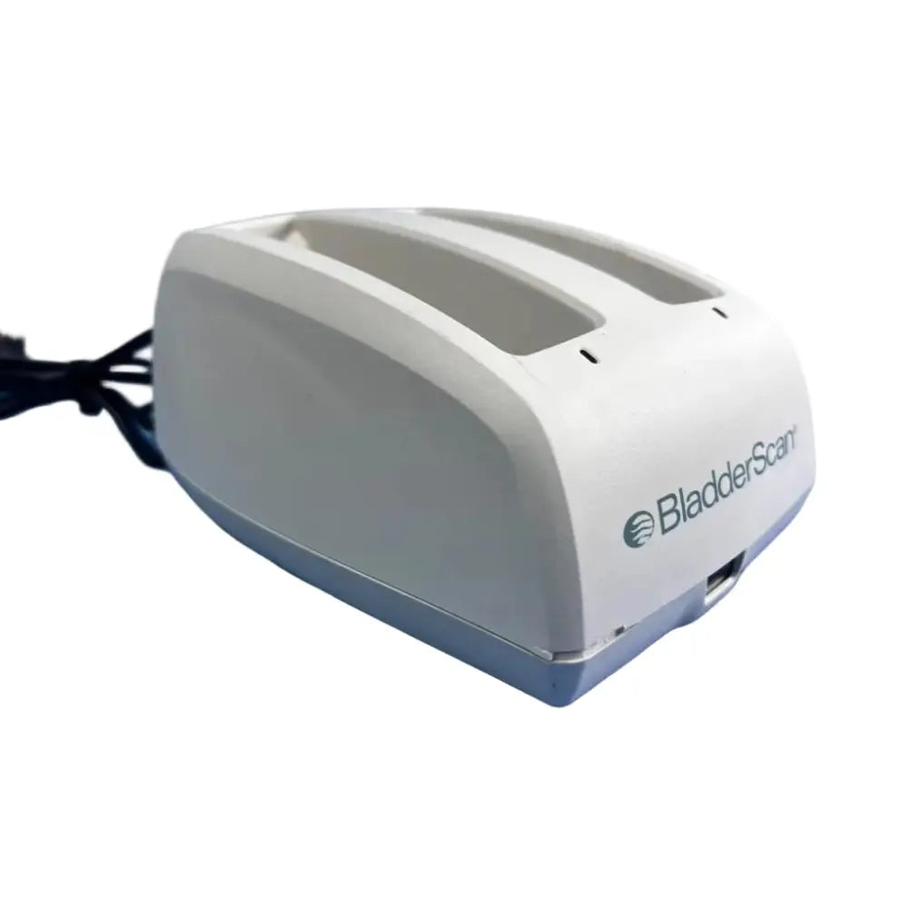 White and gray bladderscan battery charger 0570-0193 with two ultrasound probe slots and sleek modern design