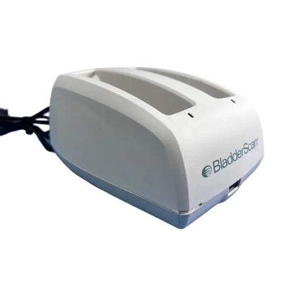 White and gray bladderscan battery charger 0570-0193 with two ultrasound probe slots and sleek modern design