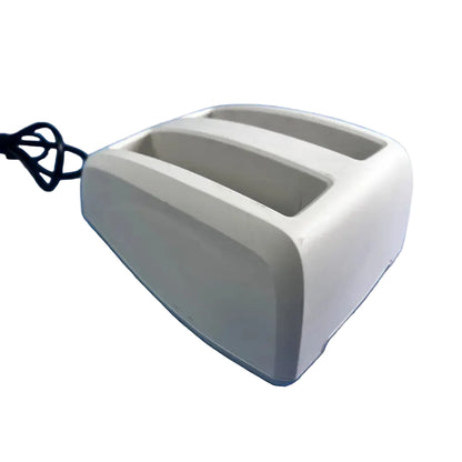 White plastic toaster with two slots and smooth rounded design shown as bladderscan battery charger 0570-0193