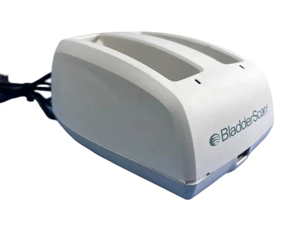 White and gray bladderscan battery charger 0570-0193 with two ultrasound probe slots and sleek modern design