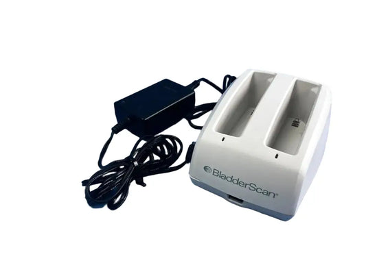 White plastic bladderscan battery charger with two battery slots and black power adapter connected by coiled cord
