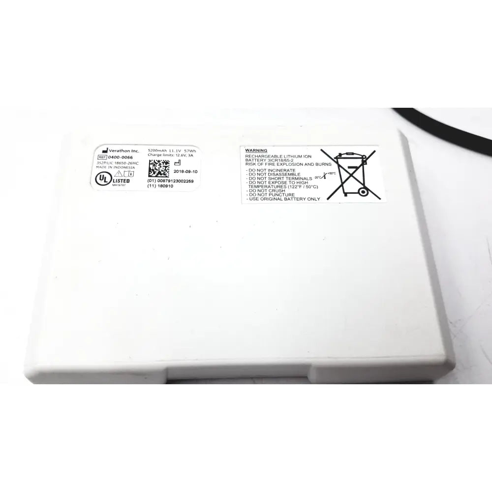 White rectangular rechargeable lithium ion battery with labels for bladderscan charging cradle verathon gpsu15b adapter