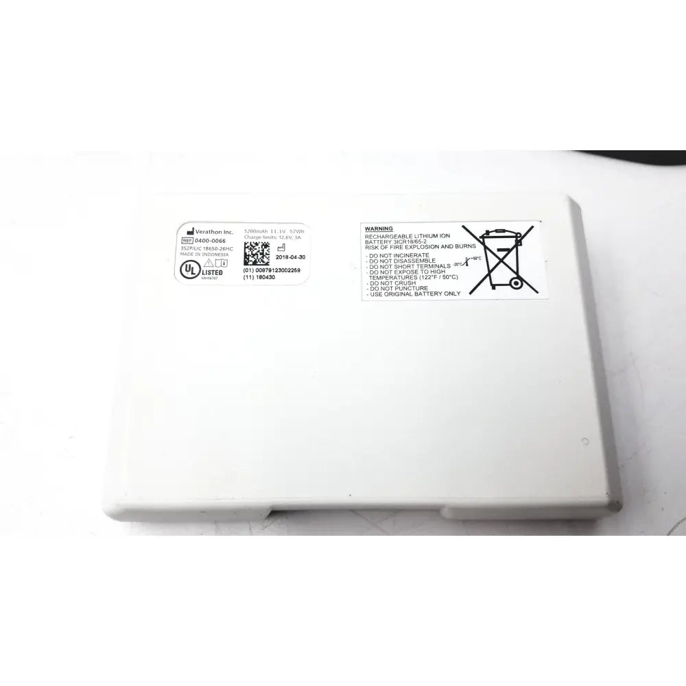 White rectangular lithium-ion battery with safety label for bladderscan charging cradle verathon 0400-0066 with gpsu15b adapter