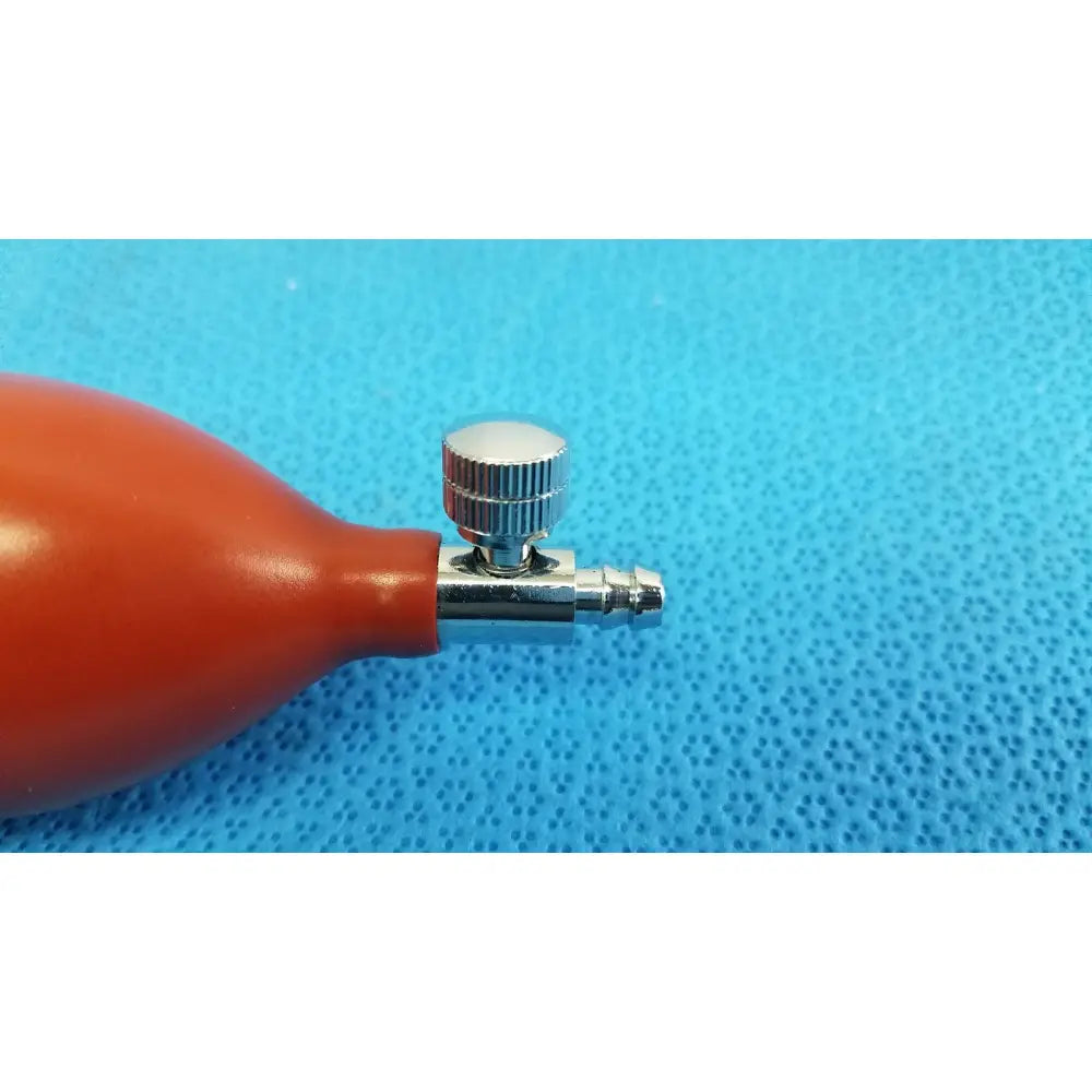 Red rubber pressure inflation bulb pump with metallic valve and threaded connector for blood pressure inflation use