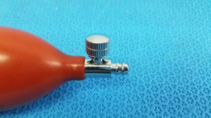 Red rubber pressure inflation bulb pump with metallic valve and threaded connector for blood pressure inflation use