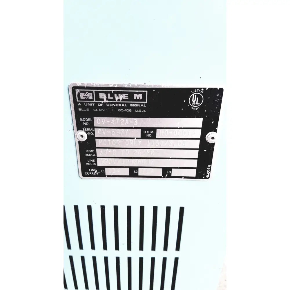 Black metal label with white text on blue m ov-472a-3 constant temperature industrial motor for stabil-therm oven