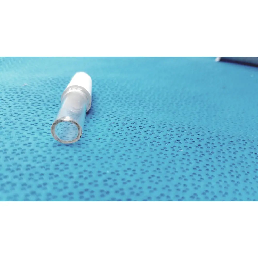 Clear borosilicate glass laboratory stopper with white plastic cap designed for durability and chemical resistance