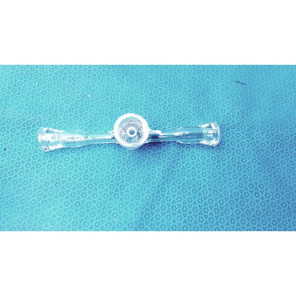 Clear borosilicate glass stopcock adapter with central bowl and two tapered ends for 24/40 joint lab valve use
