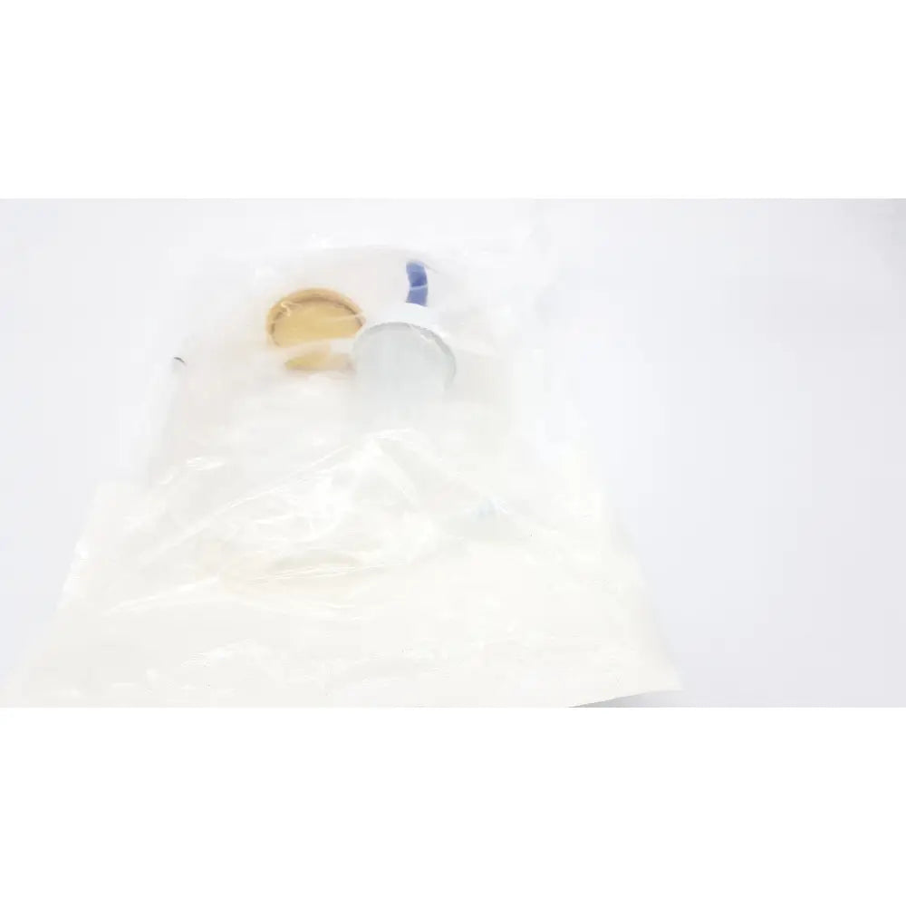 A clear plastic bag containing a boston scientific m0068402980 stone catcher with blue handle and gold cap