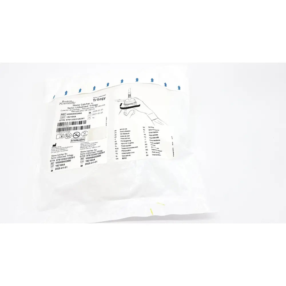 White paper packaging of boston scientific m0068402980 stone catcher for medical use with stone catcher trilogy label